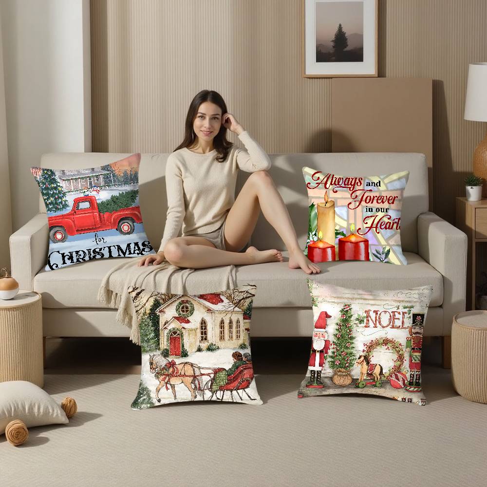 Christmas Red Candle Pillow Case Plush Fabric Soft Double Sided Print Sofa Cushion Cover Throw Pillow Covers