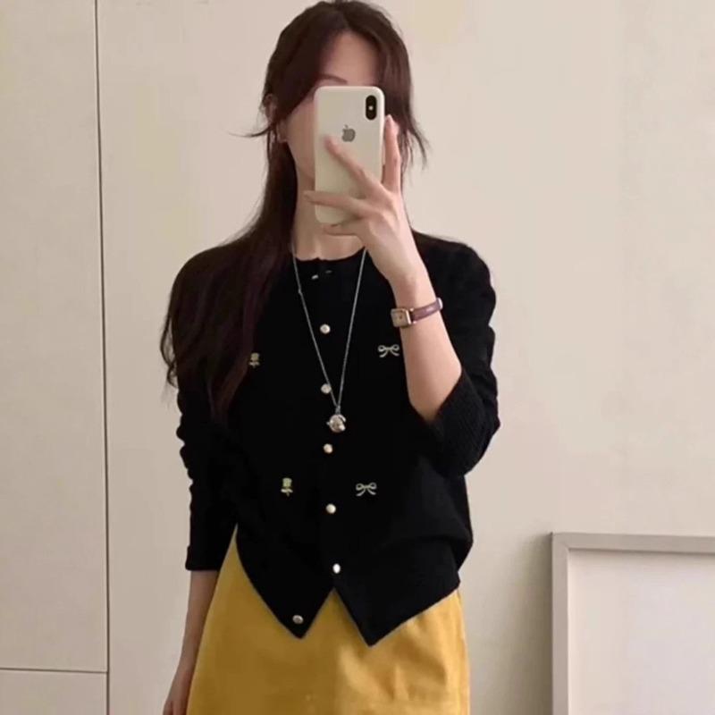 Bow flower embroidered knitted sweater women's spring and autumn new sweet short crew neck top thin sweater cardigan jacket