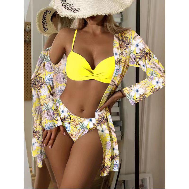 2023 European & American Women's Three-Piece Bikini Set with Cardigan, High-Waisted Bottoms, and Sunscreen Cover-Up.
