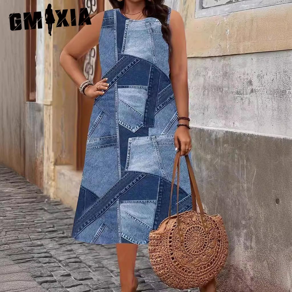 GMXIA Frühling Sommer Damenmode Denim Print Damen Kleid Frauen