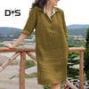 Women Dress Loose Three Quarter Sleeves Solid Color Lapel Knee Length Soft A Line Casual Spring Summer Midi Dress