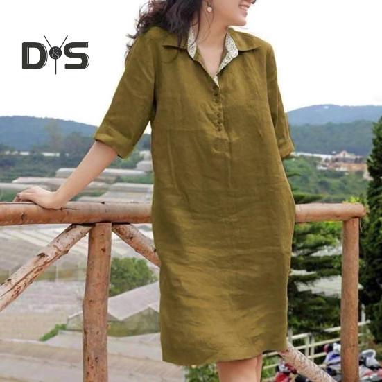 Women Dress Loose Three Quarter Sleeves Solid Color Lapel Knee Length Soft A Line Casual Spring Summer Midi Dress
