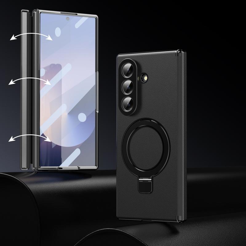 360 Rotate Ring Holder Kickstand Leather Case for Samsung Galaxy Z Fold 8 Ultra 7 6 5 4 3 with Glass Screen Film Anti-drop Cover
