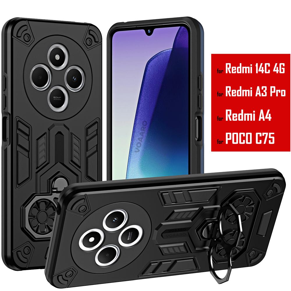 Dual Finger Ring Armor Funda for Xiaomi Redmi 14C 4G Case for Redmi A4 A3 Pro POCO C75 Rotate Metal Bracket Stand Case Cover