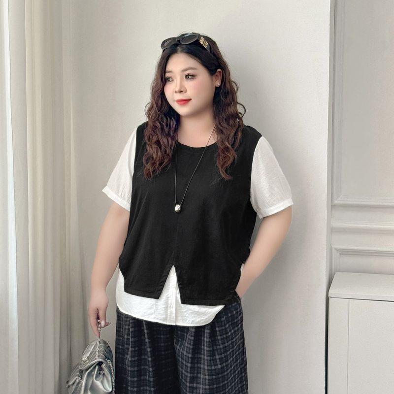

Plus size women clothing [Street Fake Two Pieces Top] Summer Chubby Girl Contrast Color Patchwork 100.00kg Covering Meat Short sleeve Shirts Classic Black and White-Tops 7xl
