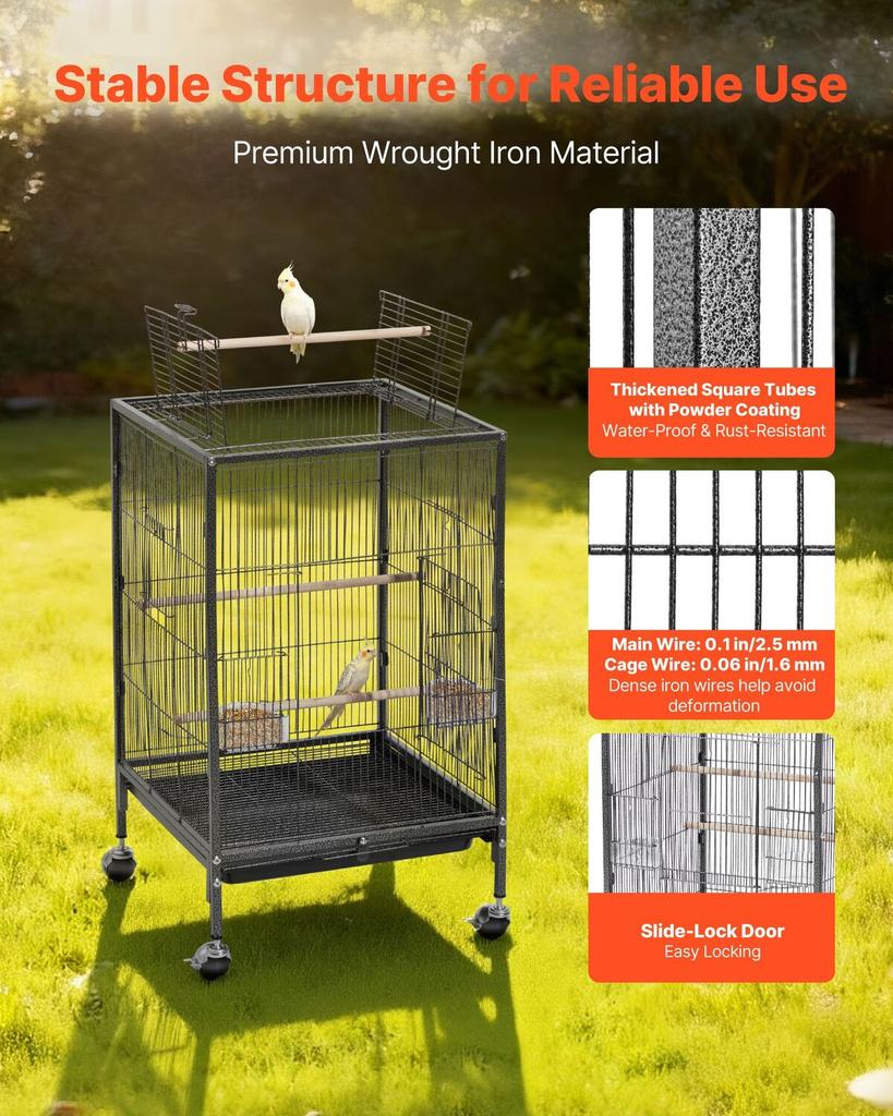 Bird Cage, 460 x 460 x 770 mm, Open Flat Top, Wrought Iron Bird Flight Cage with Perches, Slide-Out Tray and Plastic Feeders, Casters, for Parrot,