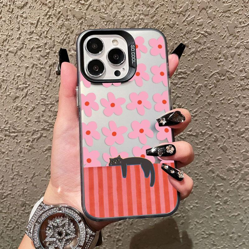 Pink Flower And Black Cats Laser Phone Case for iPhone 15 14 Pro Max Plus 17 16 Pro Max 13 Mini 12 11 Pro Max Shockproof Covers