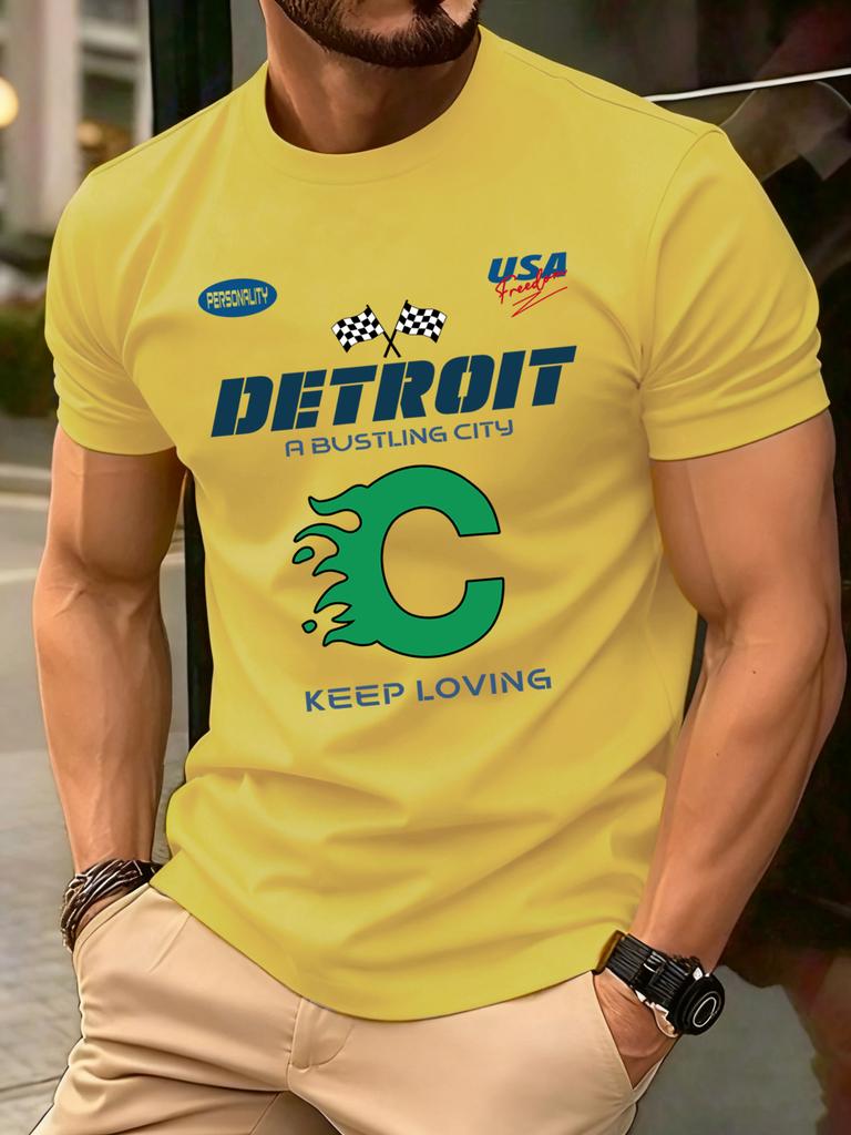 Detroit Usa Sport Pattern Design TShirts Men Cotton Casual Trendy T Shirt Retro Soft Clothing Summer Crewneck Streetwear