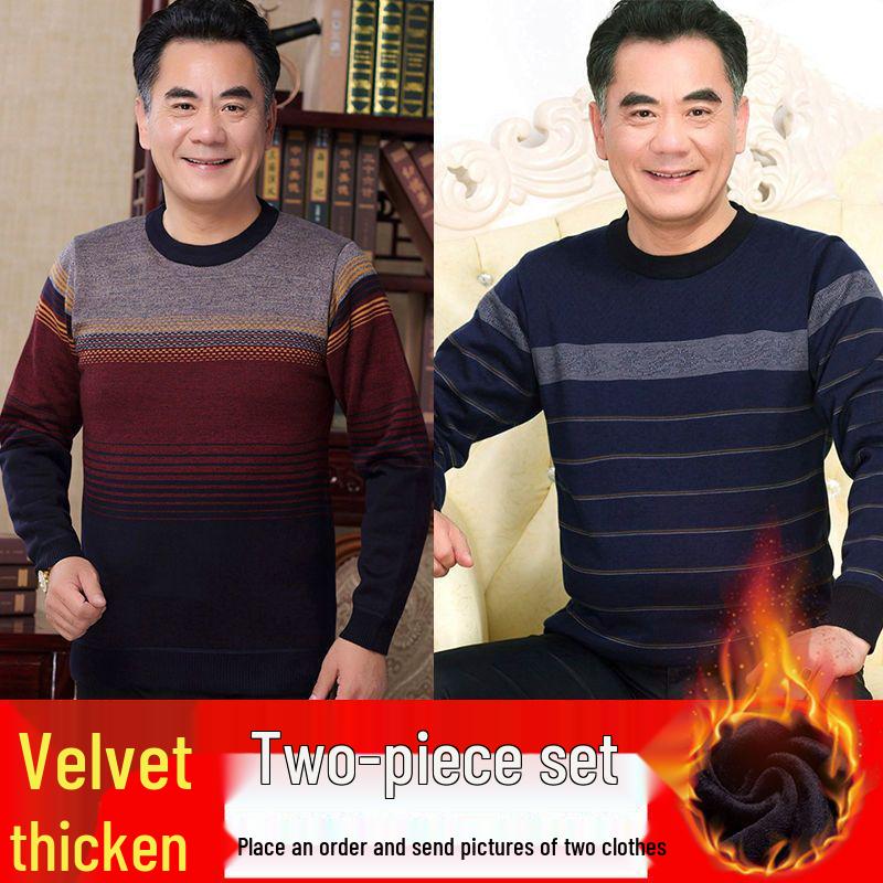 Men's Thick Fleece-Lined Sweater - Grandpa Style, Round Neck, Perfect for Winter Warmth