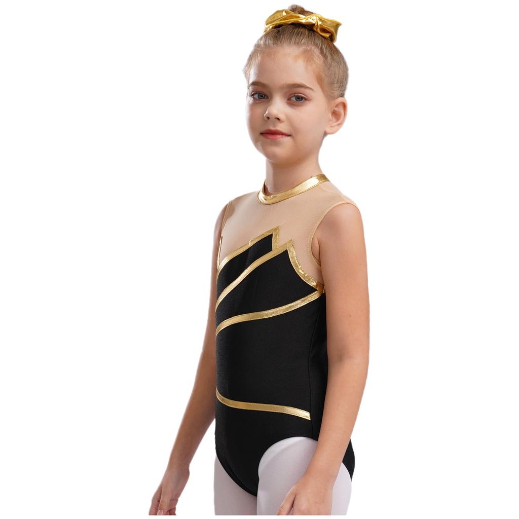 Girls Gymnastics Leotard: Metallic Striped Sheer Mesh Patchwork Keyhole Back Sleeveless Bodysuit for Dance Performance
