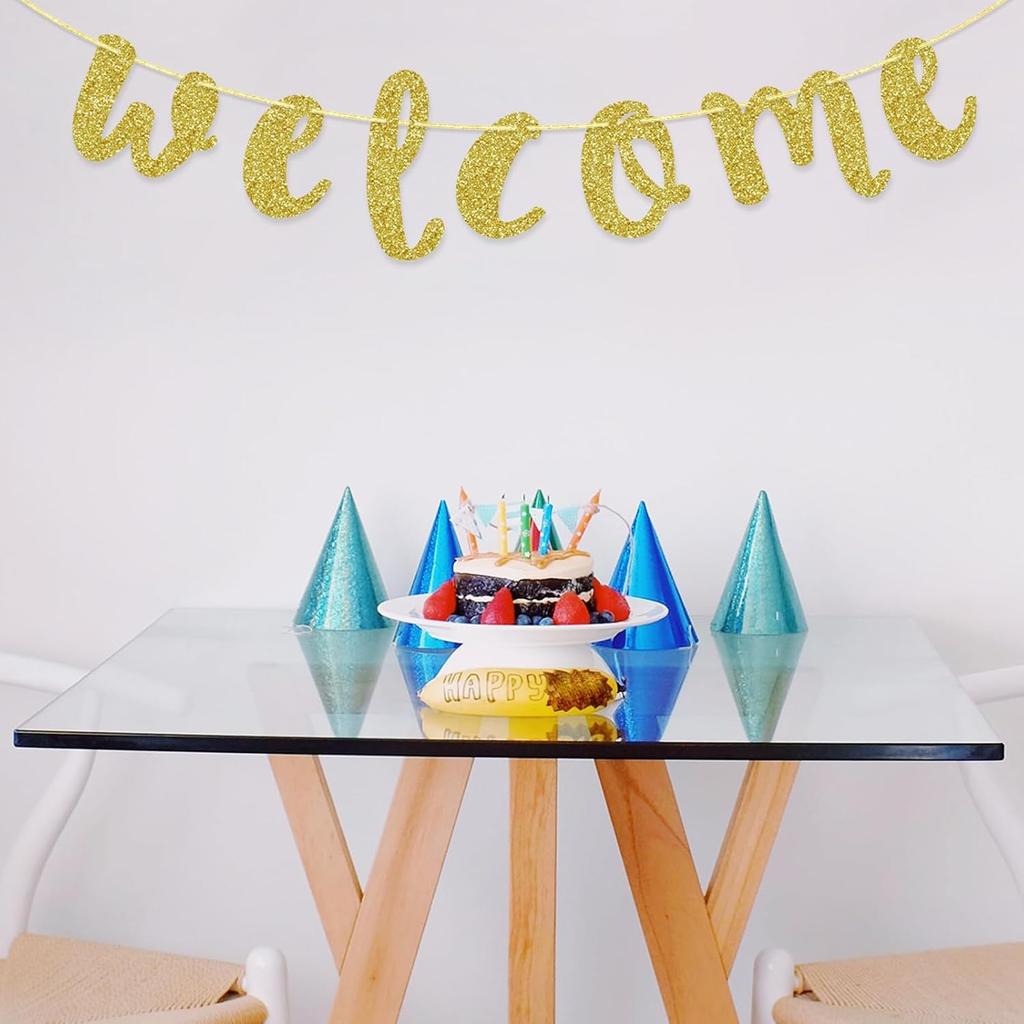 Welcome Gold Glitter Hanging Sign Banner- First Day of School, Classroom, Wedding, House, Home Decor (Gold)