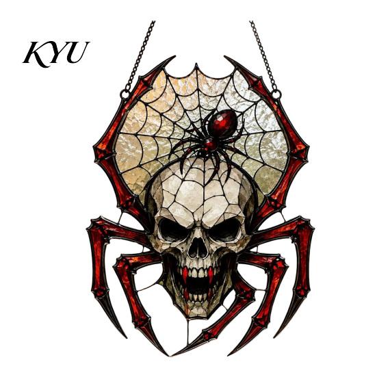 Dark Aesthetic Room Accents Halloween Wind Chime Skull Spider Suncatcher, Double Side Printed Acrylic Window Tiffany Style Stained Glass Effect