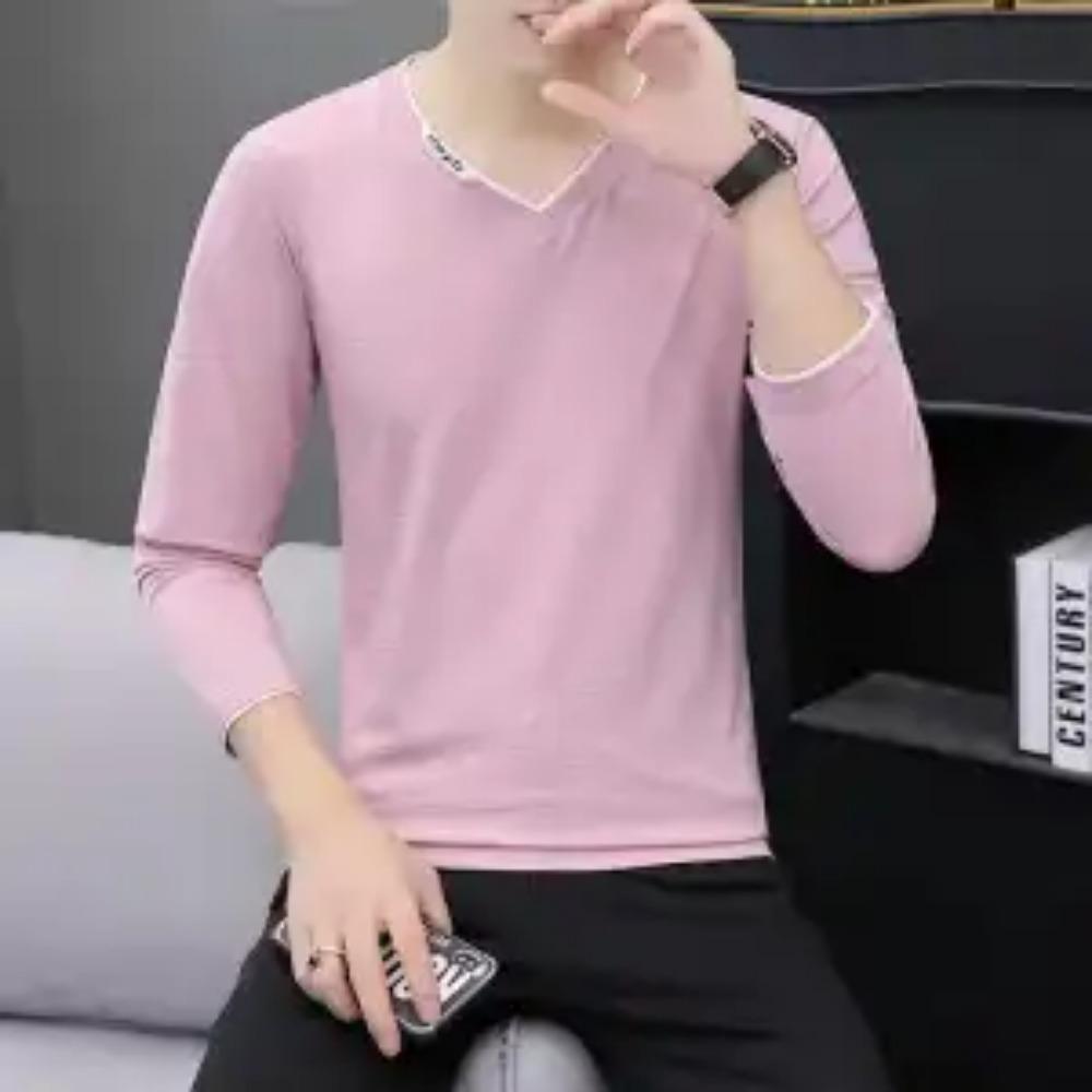 Autumn Winter Fashion Korean Simple Temperament T-shirt Man Long Sleeve Cotton V-neck Solid Color Top Pullover Casual Streetwear
