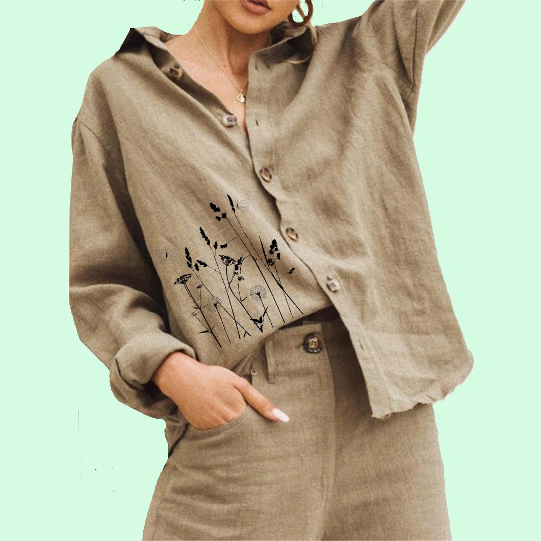 

Женская модная блузка с цветочным принтом, женская повседневная рубашка с длинным рукавом и пуговицами из хлопка и льна 3XL хаки