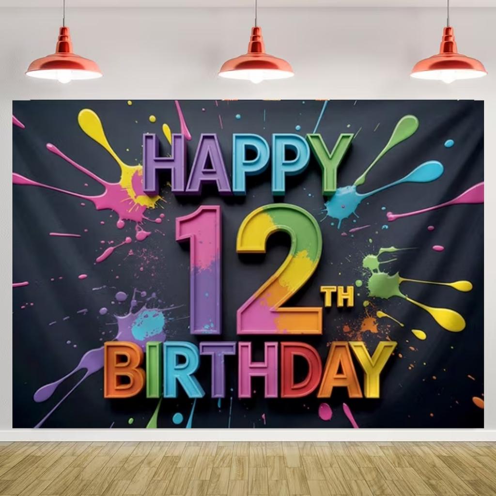 Happy 12th Birthday Banner Black Gold Balloon Background Party Decoration Boys Girls Birthday  Photography Backdrop Kids Gifts