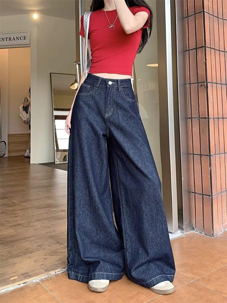 Women's Dark Blue High-Waist Wide-Leg Jeans - 2024 Autumn Collection