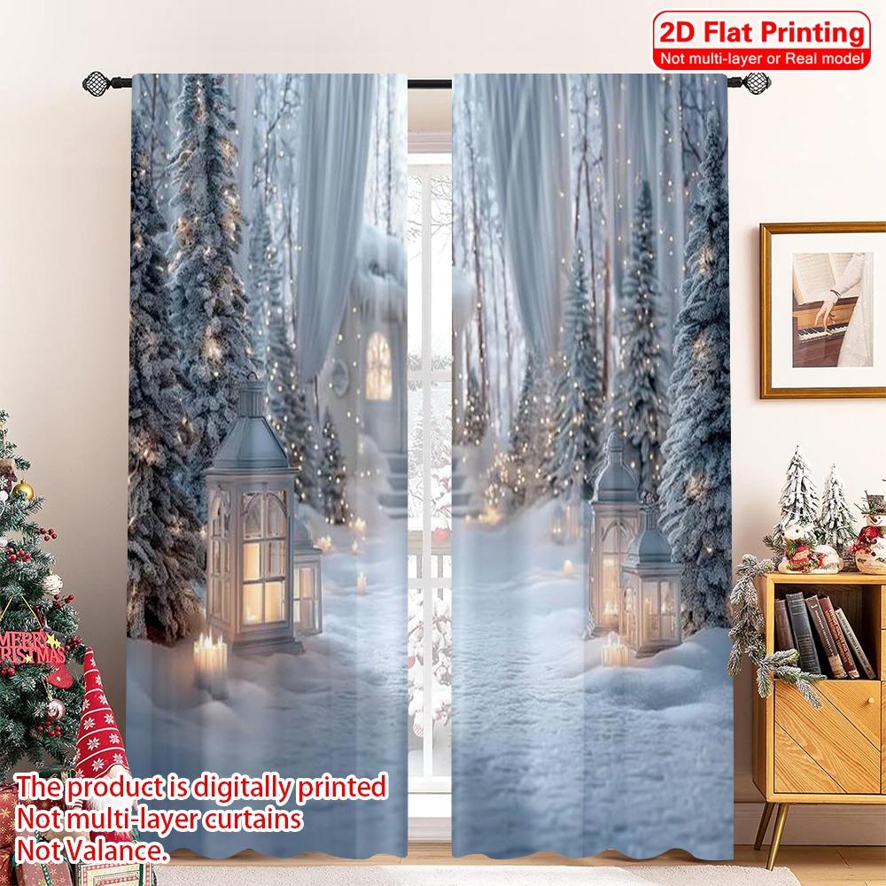 

Set Of 2 Flat Printing Merry Christmas Curtains Winter Forest Polyester Without Electricity Holiday Decorations Perfect New Curtain Made W100*H70(CM)-Hooks&1PCS