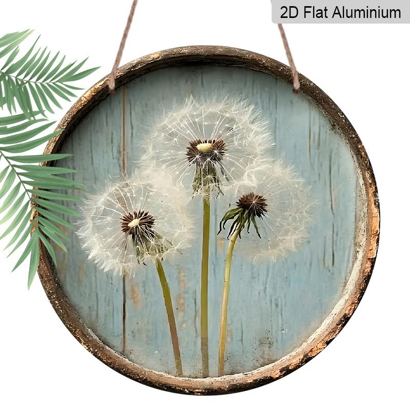 2D Flat, Vintage Rustic Dandelion Round Aluminum Wall Art Sign - 7.87Inch Weather-Resistant Metal Decor for Home, Yard, Bathroom, Door, Perfect 1pc