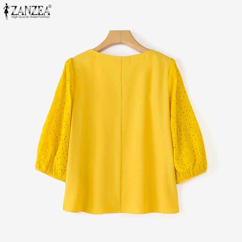 ZANZEA Women Casual Square Neck Loose 3/4 Sleeve Patchwork Crochet Blouse