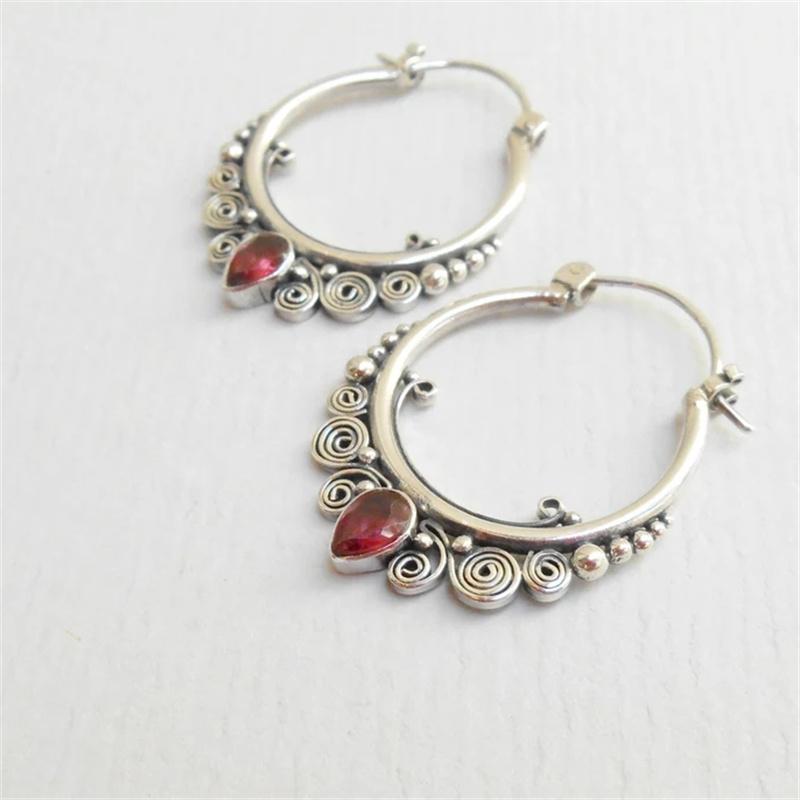 Vintage Silver Color Water Droplet Inlaid Red Zircon Earrings Exquisite Metal Carving Spiral Hoop Earrings for Women Accessories
