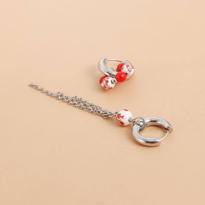 1Pair Blue White Color Ceramic Pendant Earrings Ear Buckle Chinese Style Ear Buckle Hanfu Round Bead Heart-Shaped Earrings