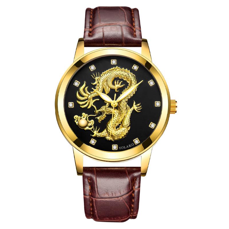 Chinese Style Fashion Diamond-encrusted Waterproof Gold Dragon Pattern Men's Watch Men's Watch Belt Watch Quartz Watch