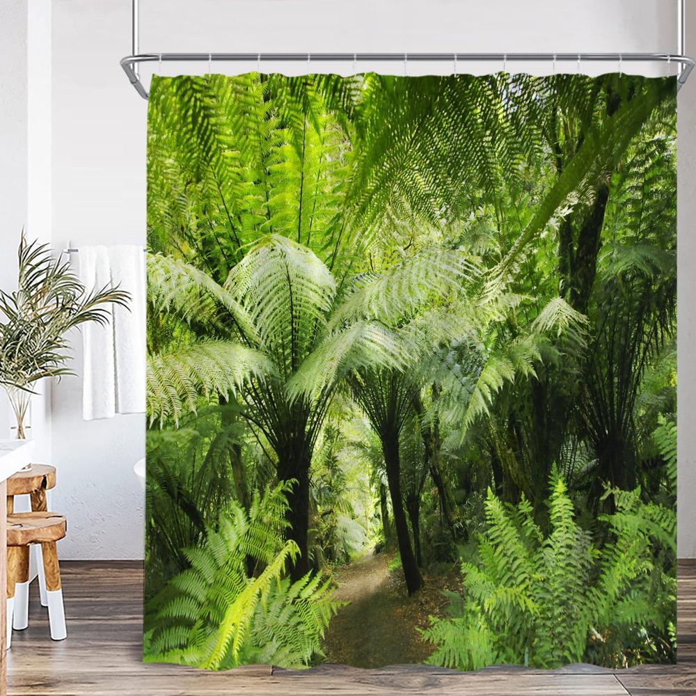 Natürliche Landschaft Wasserfall Wald Duschvorhang Landschaft Grüne Blätter Pflanzen Badezimmer Dekor Polyester Duschvorhang für Zuhause