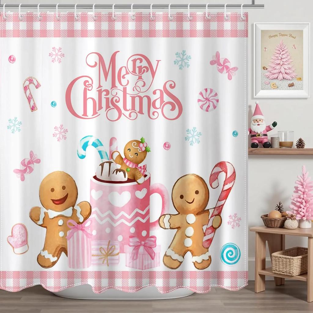 Merry Christmas Shower Curtain Pink Checked Cute Gingerbread-Man Shower Curtain with 12 Hooks Winter Snowflake Xmas Candy Bath