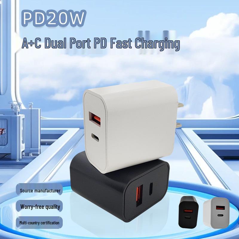 PD20W Dual Port Fast Charger for Apple Phones, USB-A + USB-C