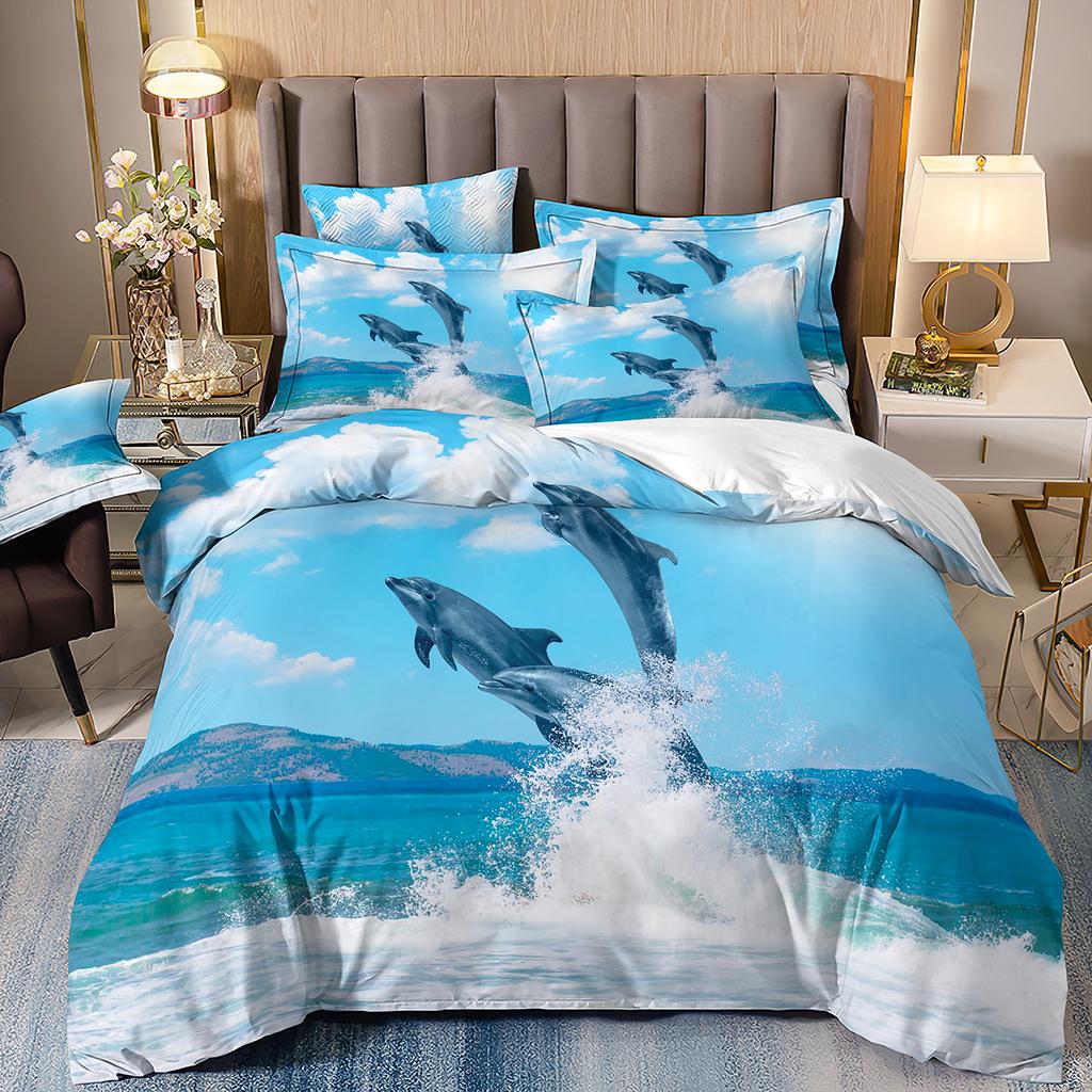 3D-gedruckte Heimtextilien Bettwäsche Delfin Meeresschildkröte Meerestier Quilt-Set Dreiteiliges Set