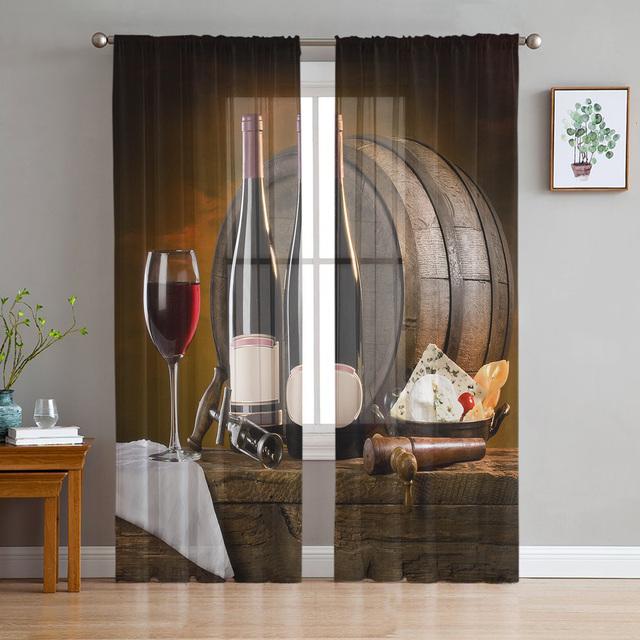 Vintage Venkovský styl Ovoce Jídlo Víno Tyl Závěsy do obývacího pokoje Výzdoba ložnice Průhledný Průsvitný Voál Závěs na okno