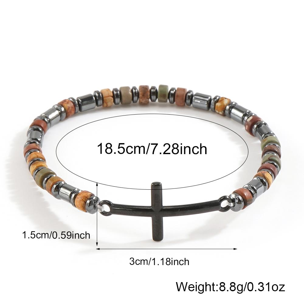 Go2boho Beaded Bracelet with Cross Charm, Black Gun Plated Multicolor Beads, Religious Unisex Gift Jewelry