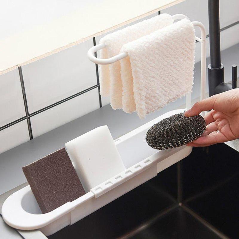 Kitchen Telescopic Sink Drain Rack Sink Dish Towels Soap Sponge Storage Basket