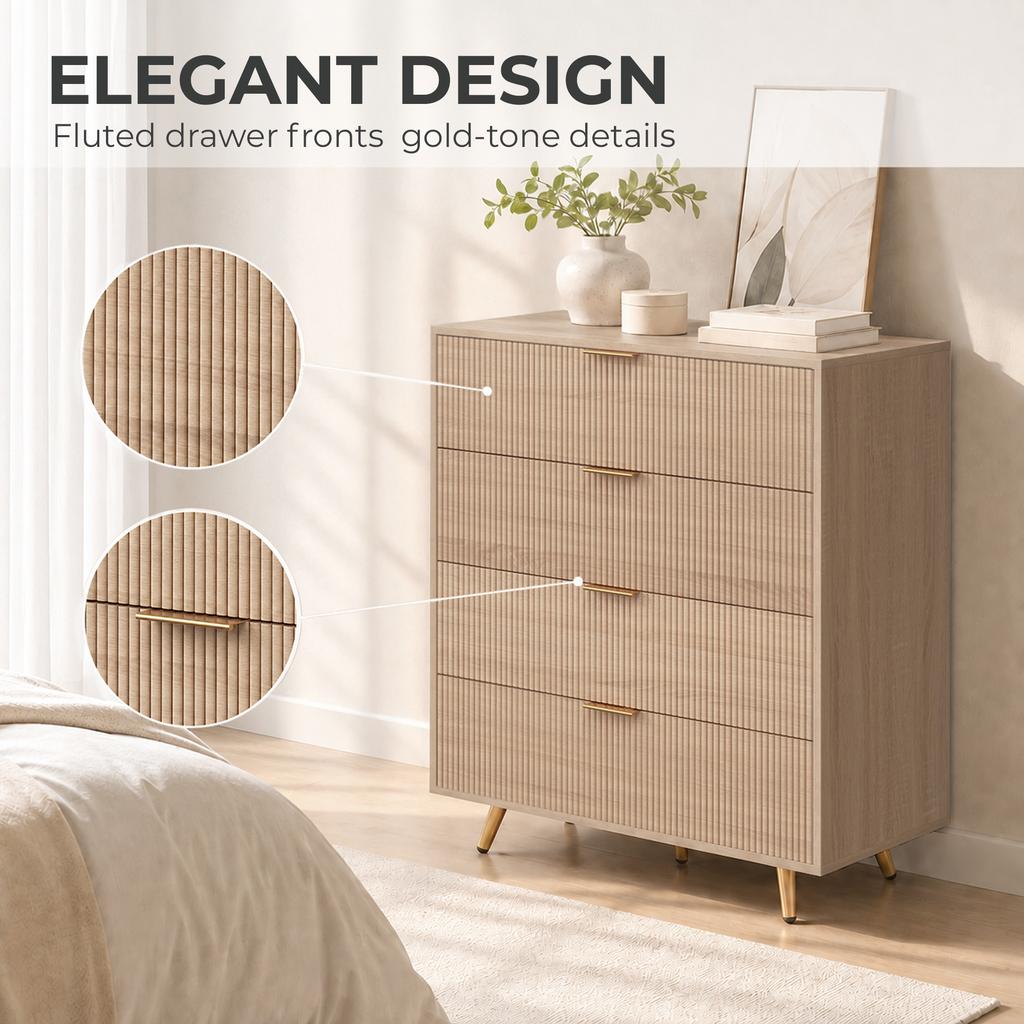Bedroom Chest of Drawers Fluted Dresser Gold-Tone Handles Natural