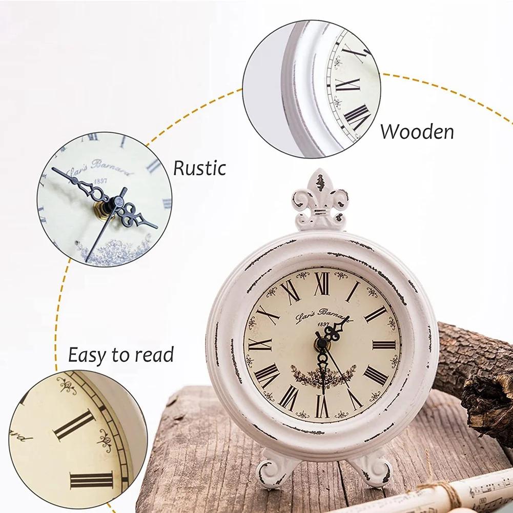 Ceas de masă vintage lemn mic alb ceas de birou silențios fără ticăit funcționează cu baterii decor rustic de fermă ceas retro