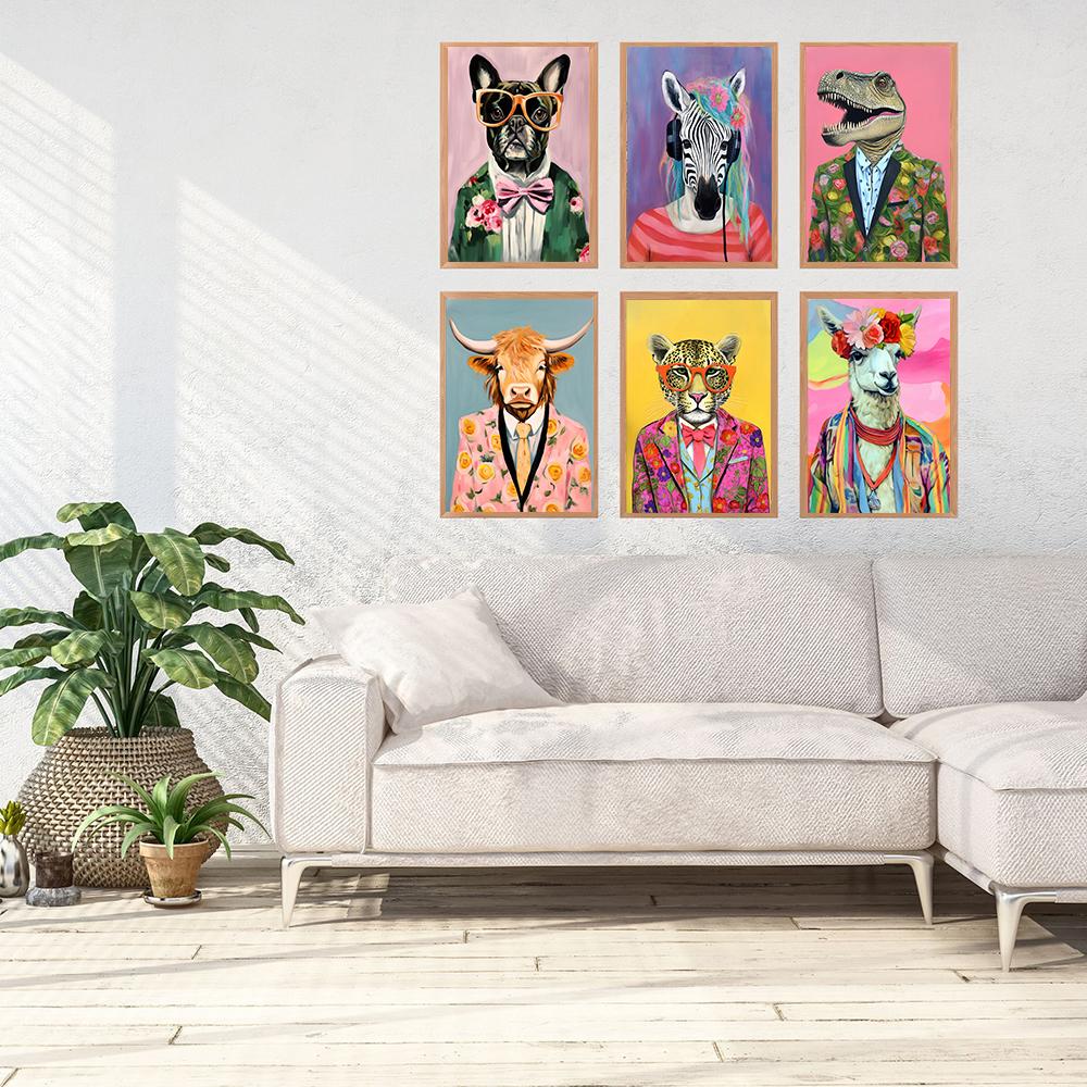 Fashion Animal Tyrannosaurus Fashion Funny Poster Print Club Wall Art Canvas Zebra Illustrated Living Home Painting Home Decor