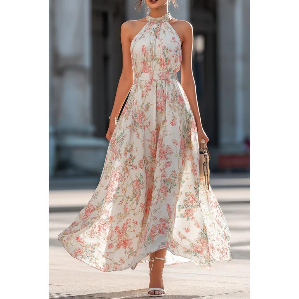2026 Elegant Halter Neck Floral Maxi Dress for Women, Sleeveless Chiffon Flowy Long Dress, Summer Beach & Party Wear