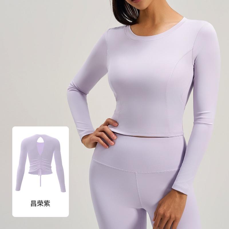 

New Beautiful Back Yoga Clothes for Women Pleated Slim Fitness Tops with Built-in Chest Pads Running Sports Long Sleeves XXL фіолетовий