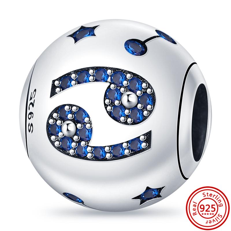 S925 Sterling Silver Blue Zircon Stars 12 Constellation Shiny Round DIY Beads Fit Original  Charms Bracelet Luxury Jewelry