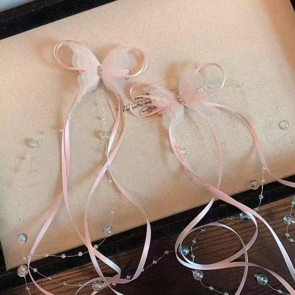 Fermaglio per Capelli con Nappa e Fiocco in Perline e Nastro Francese per Bambine – Doppia Pinza Intrecciata Stile Balletto