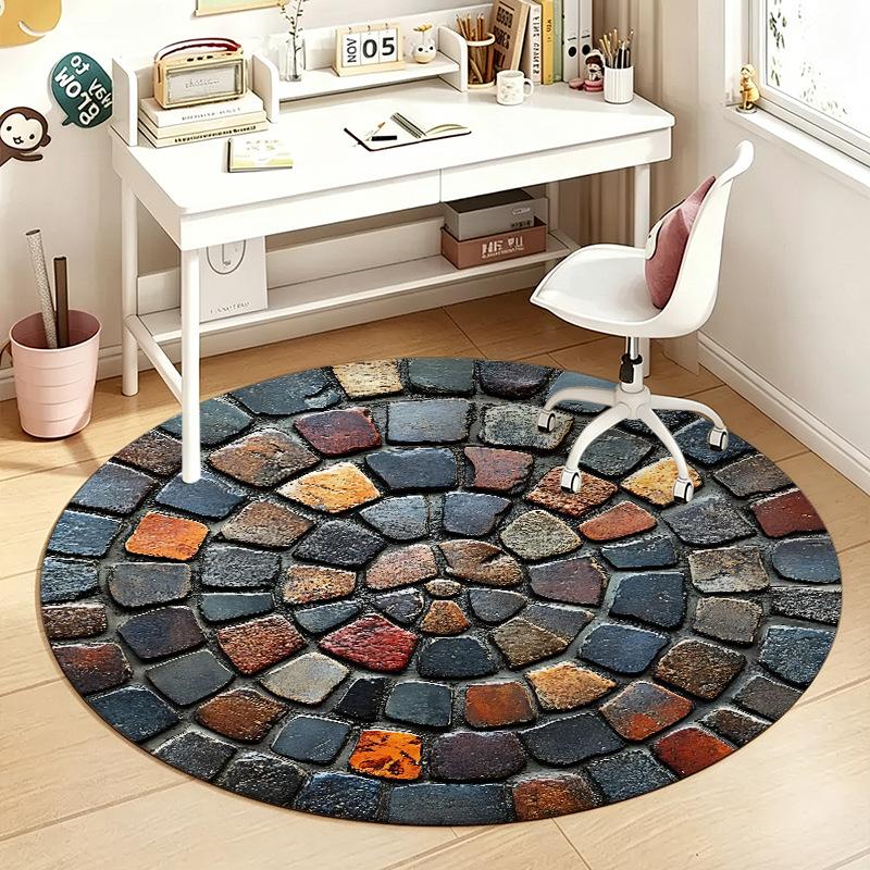 1Pcs Stone Round Rug Non-Slip Machine Washable Floor Mat 2D Flat Vintage Floral Area Rug for Living Room Bedroom Decor