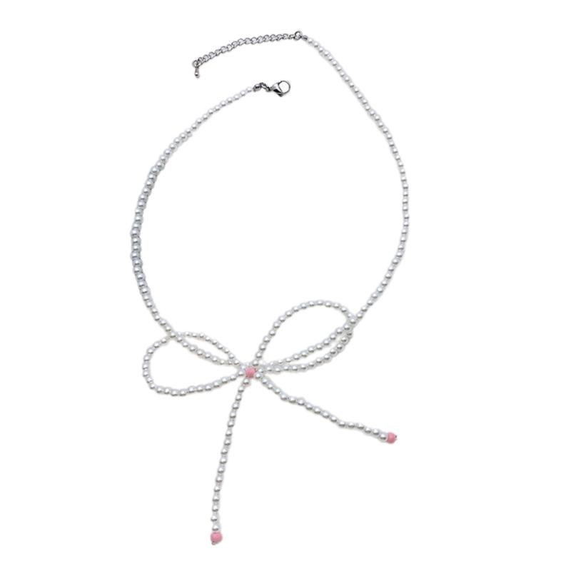

Unique Imitated Pearls Neckchains Stylish Bowknot Pendant Clavicle Chain Beaded Necklace Party Jewelry for Women Girls L