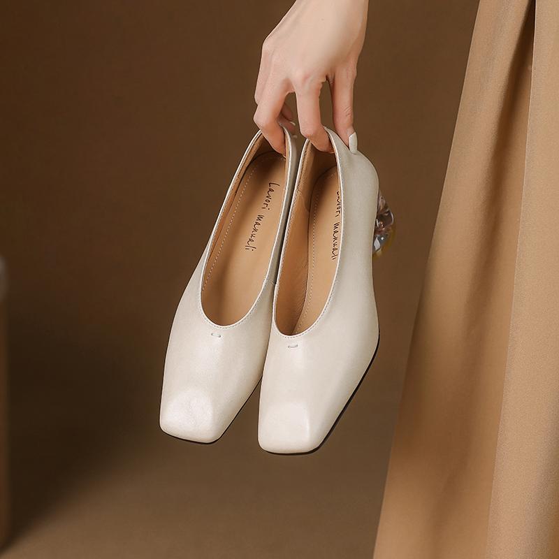 Fashion 2025 Women Genuine Leather Pumps Transparent Heel High Heels Spring Summer Elegant Office Pumps Square Toe Classic Casual Shoes