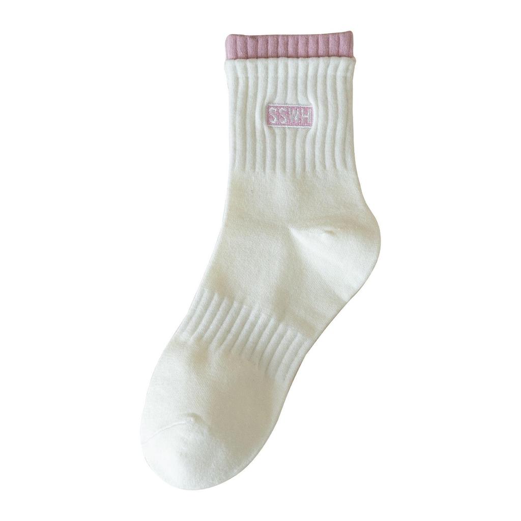 Dámské zimní bavlněné sportovní ponožky střední délky - Dvojité manžety, Vyšívaná písmena, Trendy, Teplé, Pohodlné.