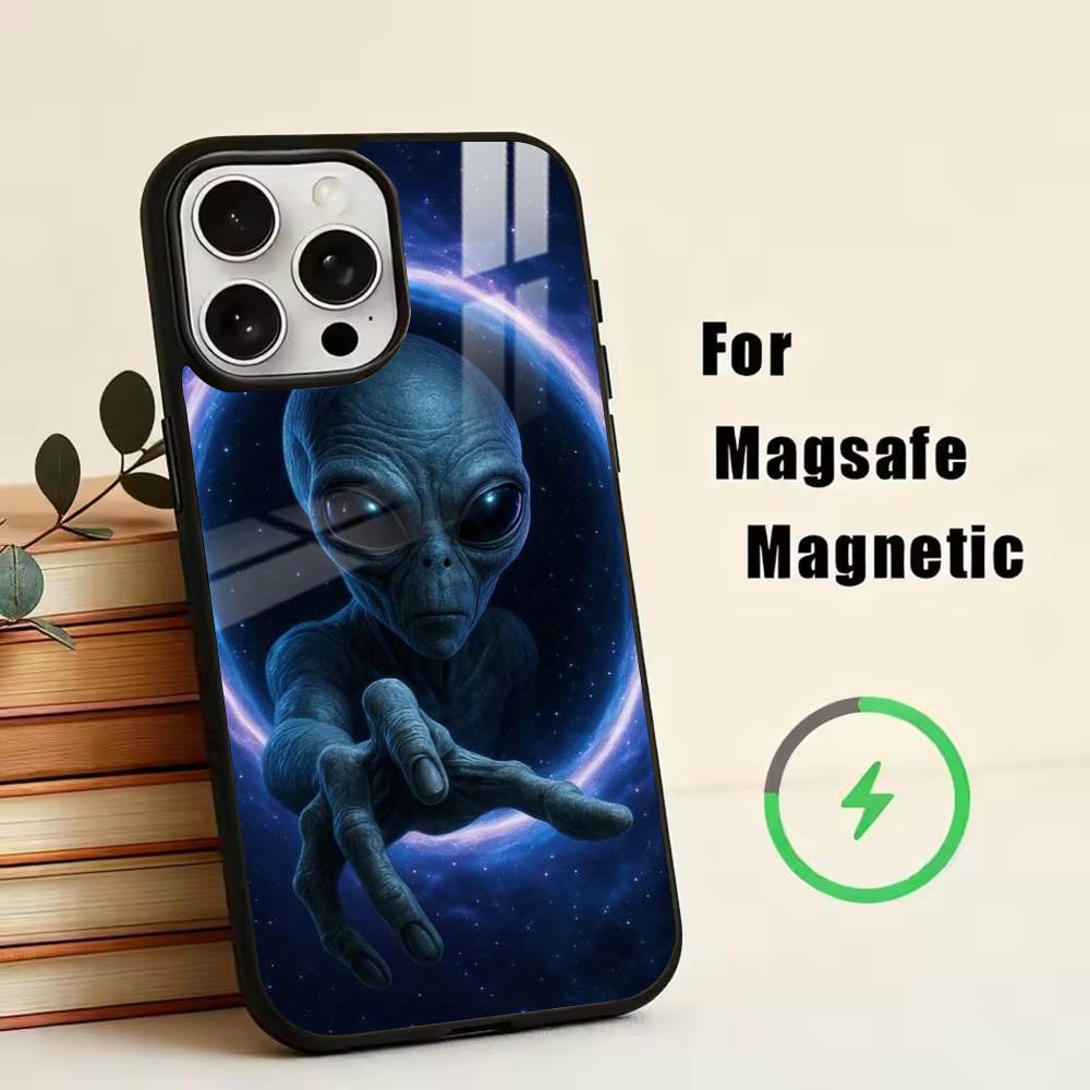 U- Funny Space UFO Alien Phone Case For iPhone17,16,15,14,13,12,11 Plus,Pro Magnetic with Magsafe Wireless Charging