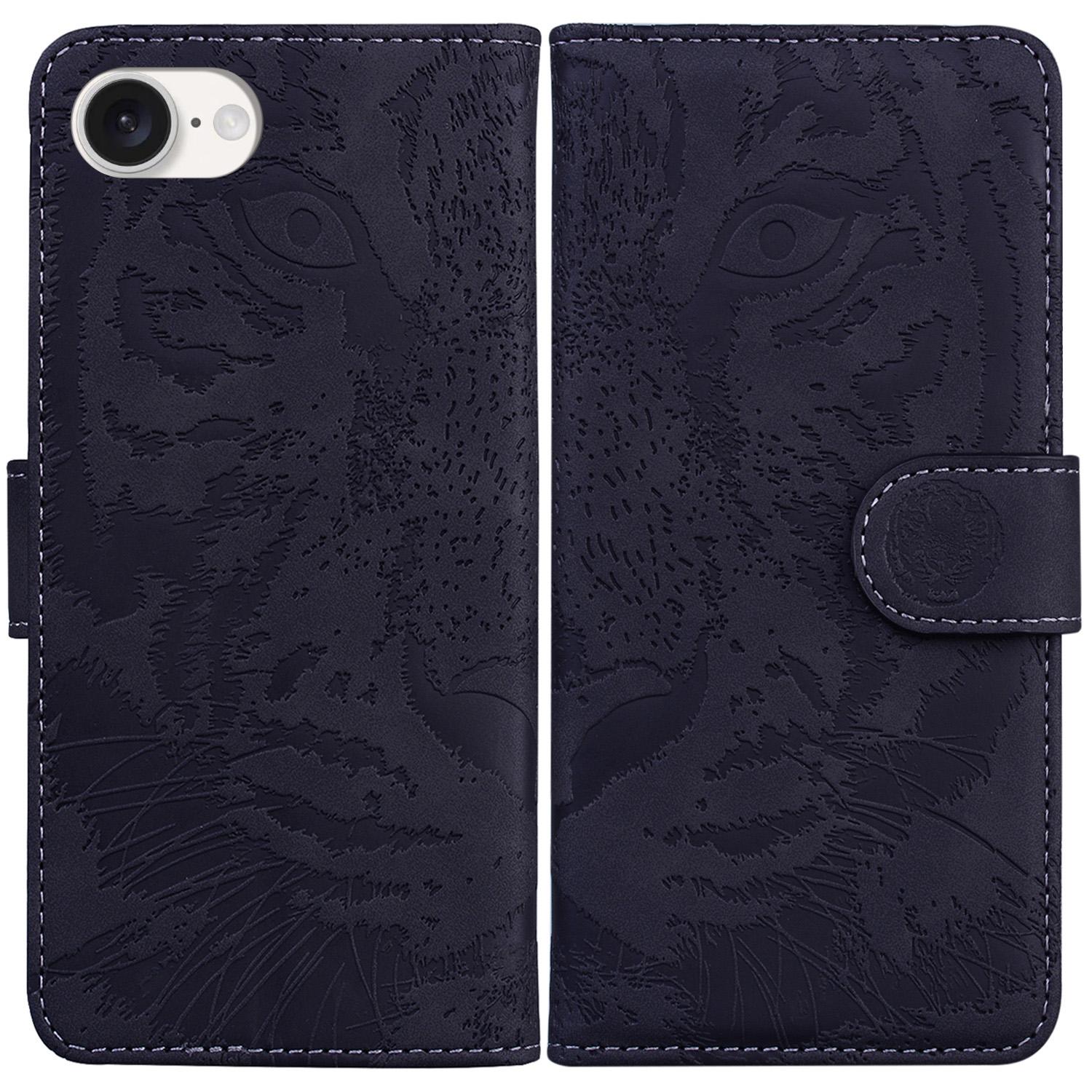

For iPhone 16e Case Wallet Style Tiger Pattern PU Leather Phone Cover Black