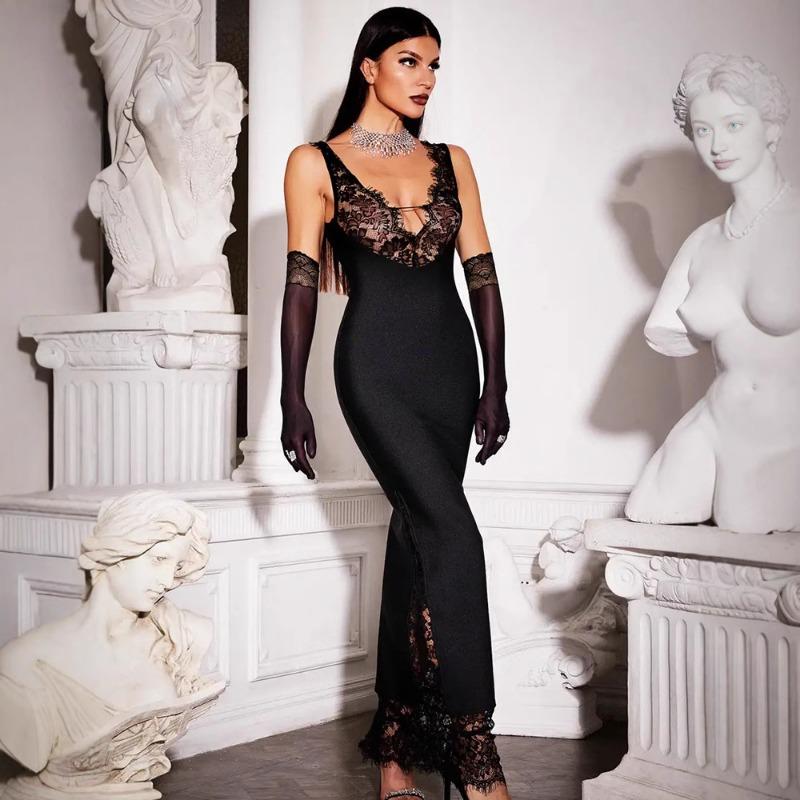 Dámská móda Sexy ohlávka bez rukávů s výstřihem do V Krajkové patchworkové šaty Temperament