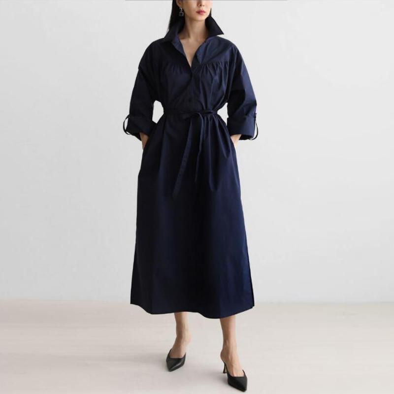 

Johnature Платье-рубашка с длинным рукавом для женщин в корейском стиле, свободная повседневная рубашка на шнуровке, простые однотонные летние платья XL темно-синий