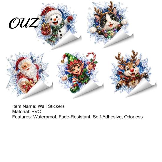 Odorless Wall Decals 3D Christmas Static Window Clings, Santa Snowman Reindeer Glass Stickers, Easy Peel Stick Decor PVC Holiday for Home Party