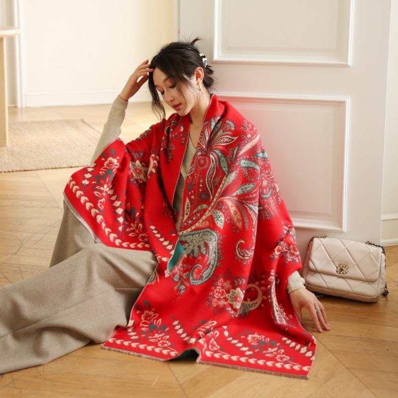 Gradual change flower imitation cashmere scarf women's high sense double-sided jacquard shawl retro scarf
